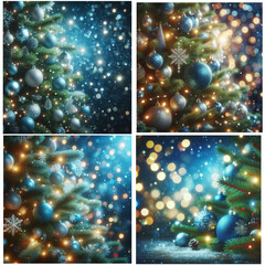 Fototapeta na wymiar Christmas Tree With Baubles In Blue Night - Ornaments On Fir Branches With Glittering And Defocused Lights In Abstract Background