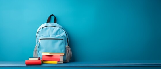 Full school backpack with books isolated on isolated background with copy space