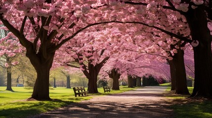 Tranquil Cherry Blossom Tree Along a Treelined Footpath generated by AI tool