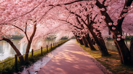 Naklejka na ściany i meble Tranquil Cherry Blossom Tree Along a Treelined Footpath generated by AI tool