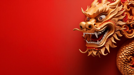 Chinese dragon for Chinese New Year. The dragon is a symbol of power, strength and good luck in Chinese culture. The dragon's mouth is open, as if it is roaring. Red copy space on the left - obrazy, fototapety, plakaty