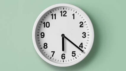  Analog wall clock spinning animation through the hours, AI generated clock image on a powder green background