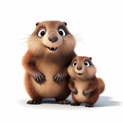 3D Happy Groundhog and Baby Adorable Pixar-Style. Generative AI