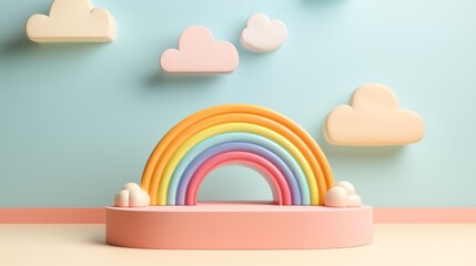3D podium on pastel background with clouds and cute rainbow. Kids product display - obrazy, fototapety, plakaty