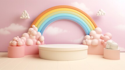 3D podium on pastel background with clouds and cute rainbow. Kids product display
