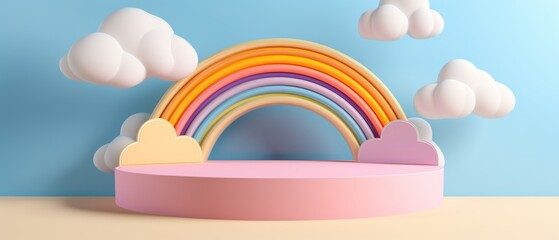 3D podium on pastel background with clouds and cute rainbow. Kids product display