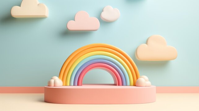 3D podium on pastel background with clouds and cute rainbow. Kids product display