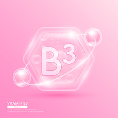 Pink molecule atom vitamin B3 in hexagon. Surrounded by collagen solution hyaluronic acid serum and moisturizer. Essential to the health skin care. For cosmetic beauty nutrition. Vector EPS10.