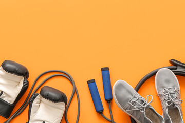 Boxing gloves, skipping rope and shoes on color background