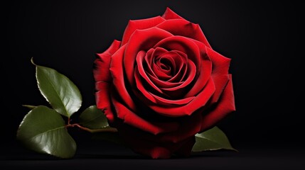 A vibrant red rose displayed against a dark black background.