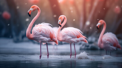 Flamingo birds standing in a lake, AI Generative.