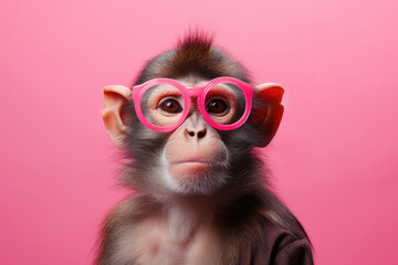 A serious monkey with glasses on a pink background.