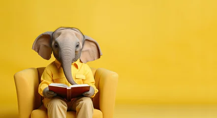 Rolgordijnen An elephant in an armchair is reading a book on a yellow background. © kvladimirv