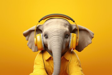An elephant in a yellow shirt and yellow headphones.