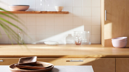 A sunny kitchen with white tile walls, a wooden table and sink.