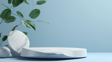 Blue marble product display podium with nature leaves. 3D render