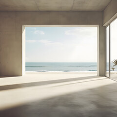 Indoors with a view of the sea, without anyone, Generative AI