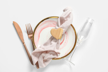 Beautiful table setting for Valentine's Day on white background