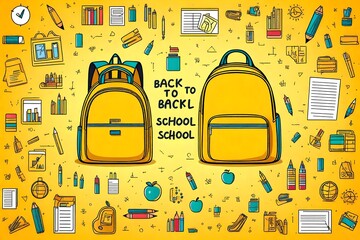 Back to School web template. Yellow school bag, checkered paper background with doodle drawing....