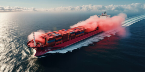 cargo maritime ship with contrail in the ocean ship carrying container and running for export concept - obrazy, fototapety, plakaty