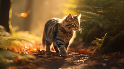 Naklejka na ściany i meble realistic cat with bushy tail and black ears, walking on a dirt path through a forest with tall trees and colorful leaves, with rays of sunlight and mist creating magical atmosphere