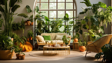 Fototapeta na wymiar Interior of minimalist living room with green houseplants and sofas