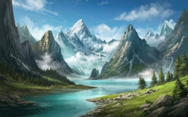 Naklejka na ściany i meble Beautiful mountain landscape scenery wallpaper background