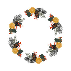 Świąteczna ramka z plastrami pomarańczy, gałązkami choinki, szyszkami i czerwonymi jagodami. Zimowa kompozycja.