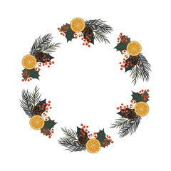 Świąteczna ramka z plastrami pomarańczy, gałązkami choinki, szyszkami i czerwonymi jagodami. Zimowa kompozycja. © Monika