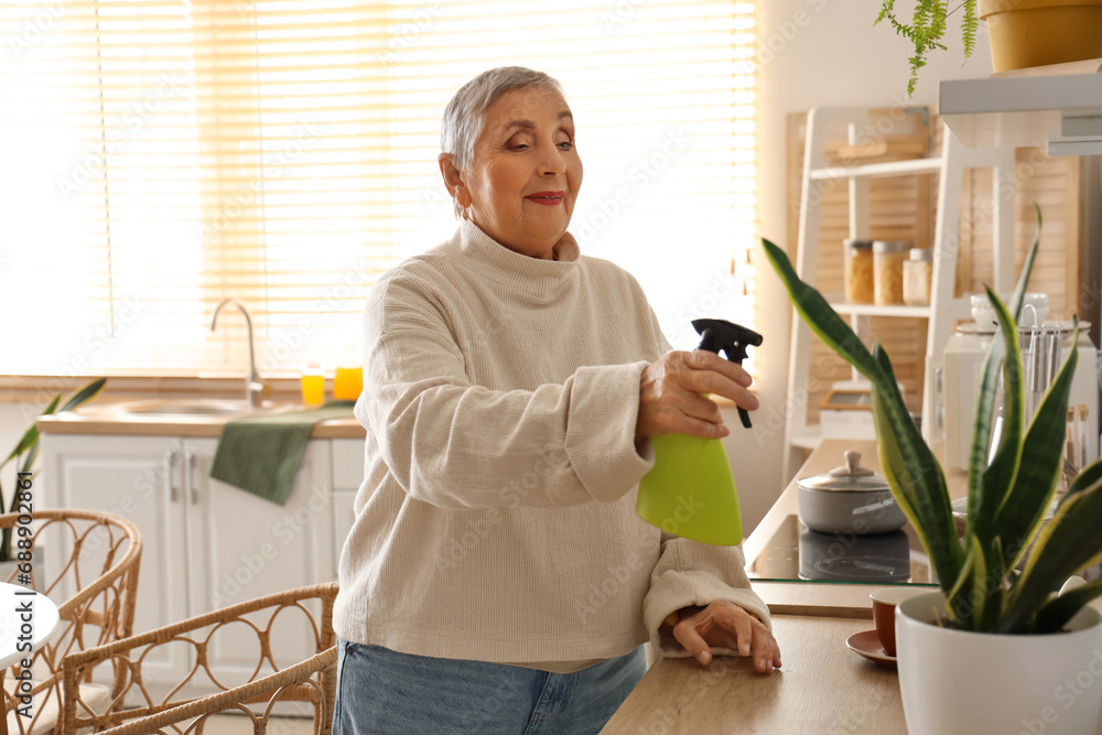 Poster senior woman watering plant in kitchen