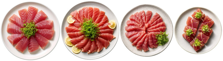 Raw slices of fish, Tuna sashimi on a plate, top view