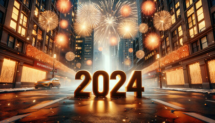 Obraz premium Grand city avenue at night, adorned with festive lights and golden 
