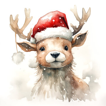 light watercolor of animals wearing a Santa hat