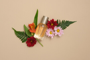 Advertising scene of fragrant products extracted from natural flower and leaf essential oils....