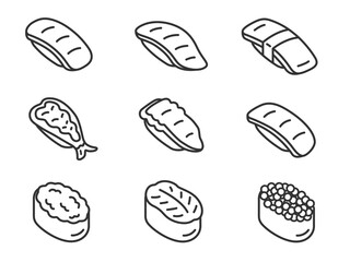 いろいろな、寿司のアイコン（線画）のイラストセット