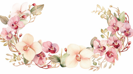 Fototapeta na wymiar Watercolor floral frame wreath with gold orchid, cherry blossom, cotton head, palm leaves, beige rose color on white background.