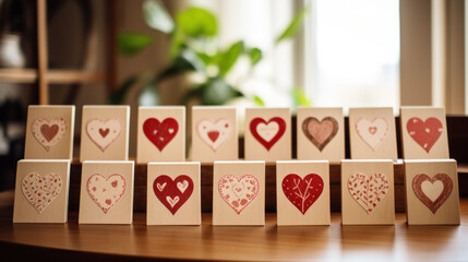Rows of Valentine's Day envelopes, each featuring a heart in a variety of shades and patterns, lined up on a wooden table. An artful expression of love and care.
 - obrazy, fototapety, plakaty
