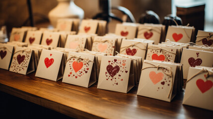 A lineup of handcrafted Valentine's gifts on a wooden shelf, each adorned with a heart and tied with string. Ideal tokens of affection for Valentine's Day.
