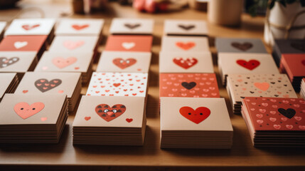 A collection of Valentine's Day cards with heart motifs arranged neatly on a wooden surface, exuding a sense of romantic celebration.