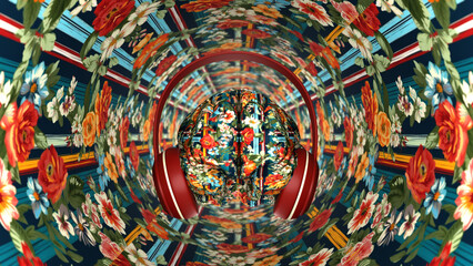 the mood of spring, the human brain in headphones, dancing and listening to music, concept, 3D rendering