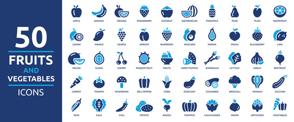 Fruits and vegetables icon set. Containing apple, banana, orange, carrot, grape, strawberry, tomato, watermelon, spinach, broccoli, mango and more. Solid vector icons collection.