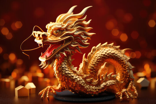 golden crystal dragon on red background, lunar new year 2024, with copy space area