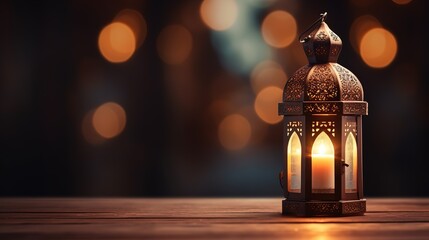 beautiful burning arabic lantern on wooden table, ramadan background with copy space for text - Powered by Adobe