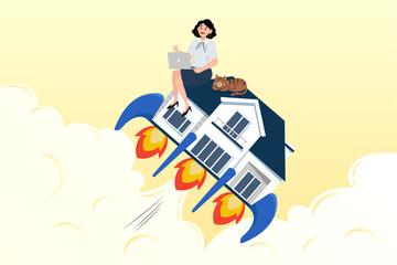 Productive woman worker using laptop on flying house with rocket booster, boost productivity working from home, motivation to increase efficiency working at home in COVID-19 lock down (Vector)