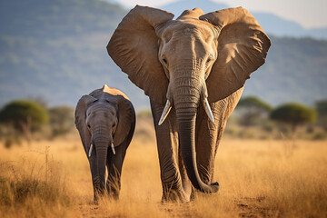 Fototapeta na wymiar Mom and baby African elephant walking together in field