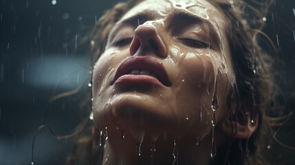 A close-up of a woman in rain, face uplifted.