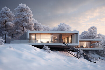 Snow on modern house.