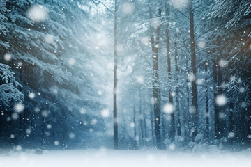 Naklejka premium Snowing with forest trees background