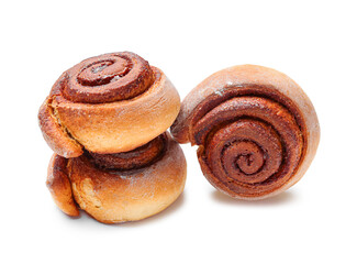 Tasty cinnamon rolls on white background