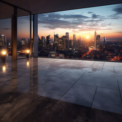 A view of the city at sunset as seen from the building, Generative AI